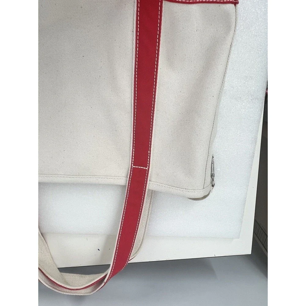 Lands End Open Top Med Natural Canvas Tote Red Trim EUC